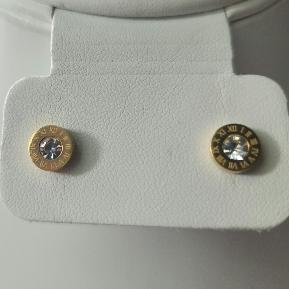 Roman Numeral CZ Studd Gold  Earrings